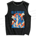 Unisex Giant Cat Monster Attack Printed Washed Tank Top