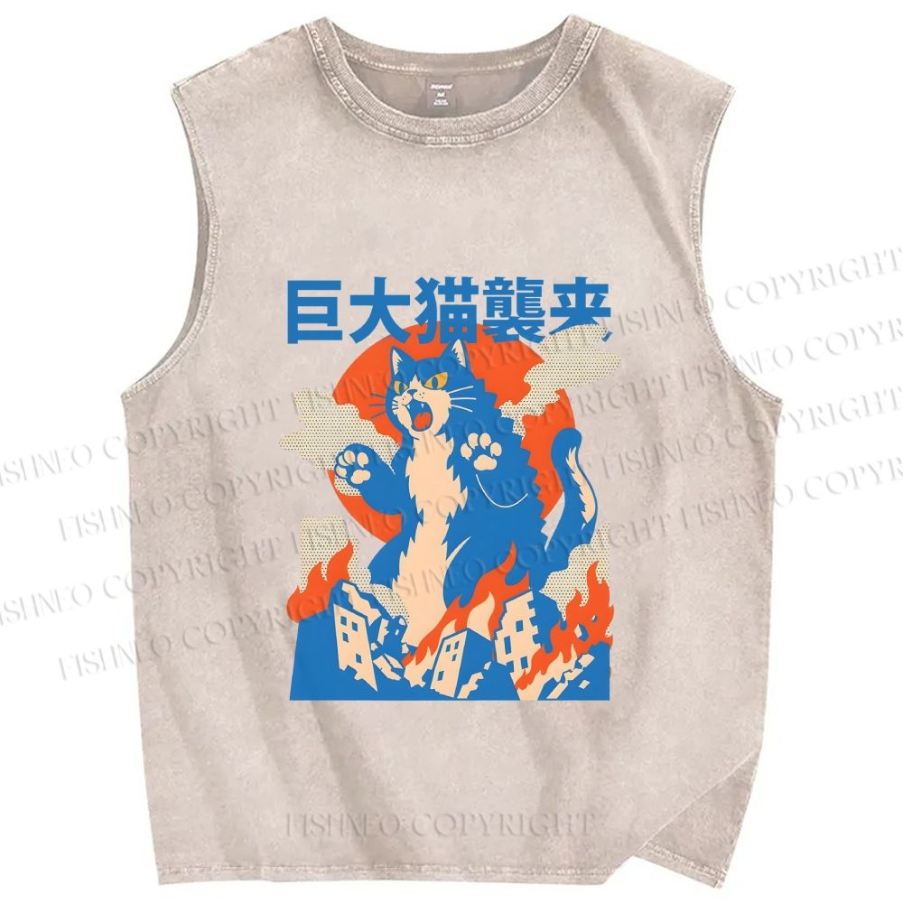 Unisex Giant Cat Monster Attack Printed Washed Tank Top
