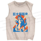 Unisex Giant Cat Monster Attack Printed Washed Tank Top