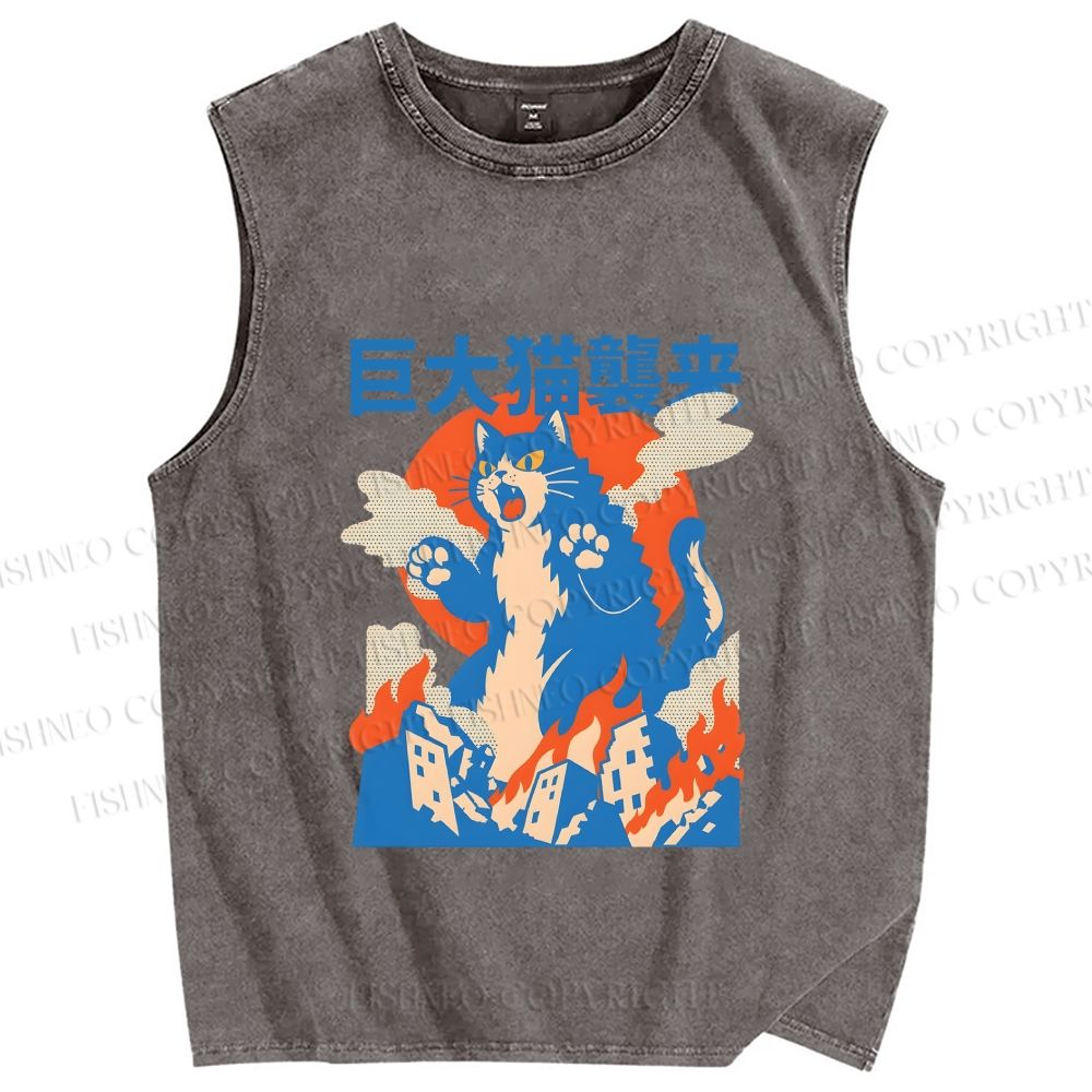 Unisex Giant Cat Monster Attack Printed Washed Tank Top
