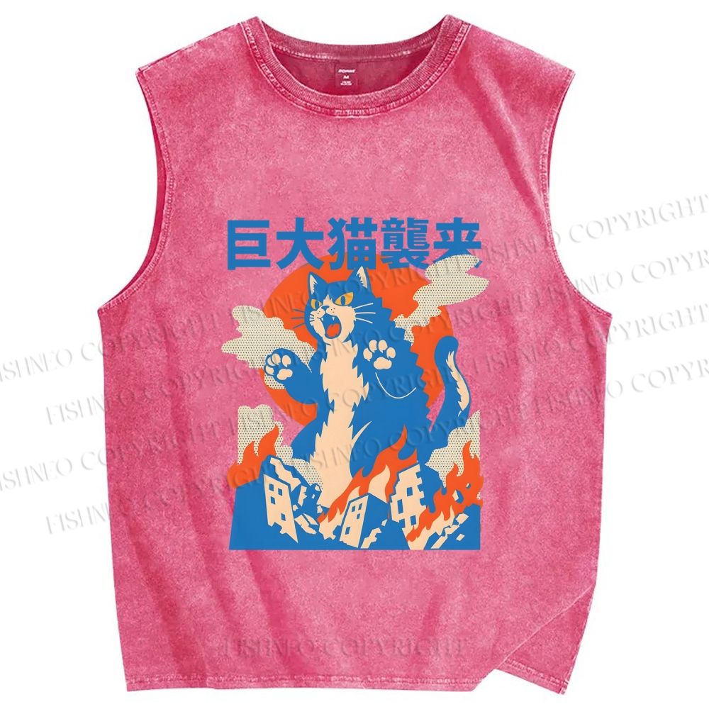 Unisex Giant Cat Monster Attack Printed Washed Tank Top