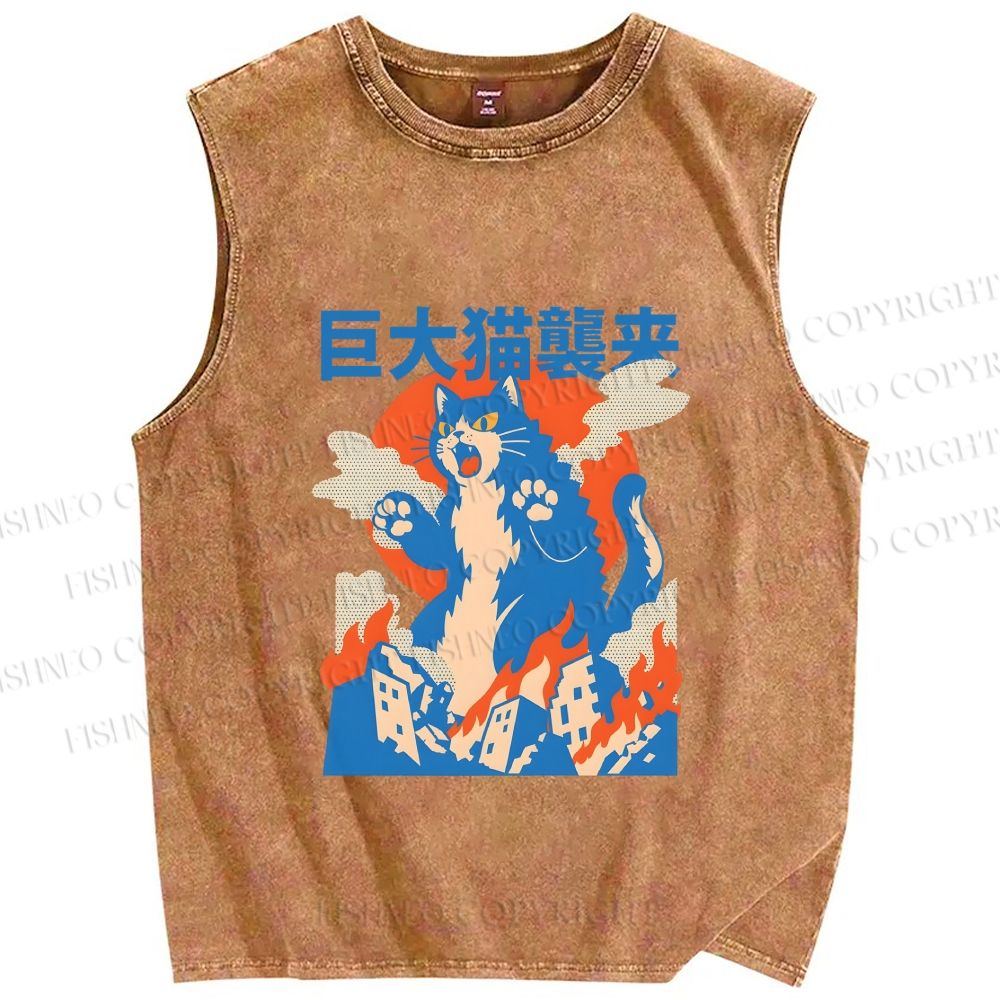Unisex Giant Cat Monster Attack Printed Washed Tank Top