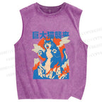 Unisex Giant Cat Monster Attack Printed Washed Tank Top