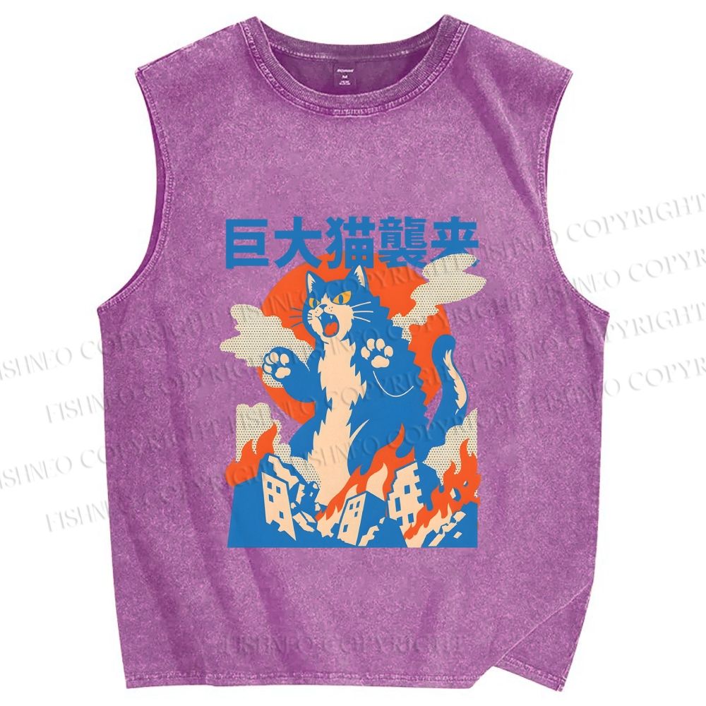 Unisex Giant Cat Monster Attack Printed Washed Tank Top