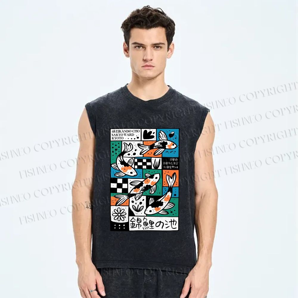 Unisex Koi Pond Mood Printed Washed Tank Top