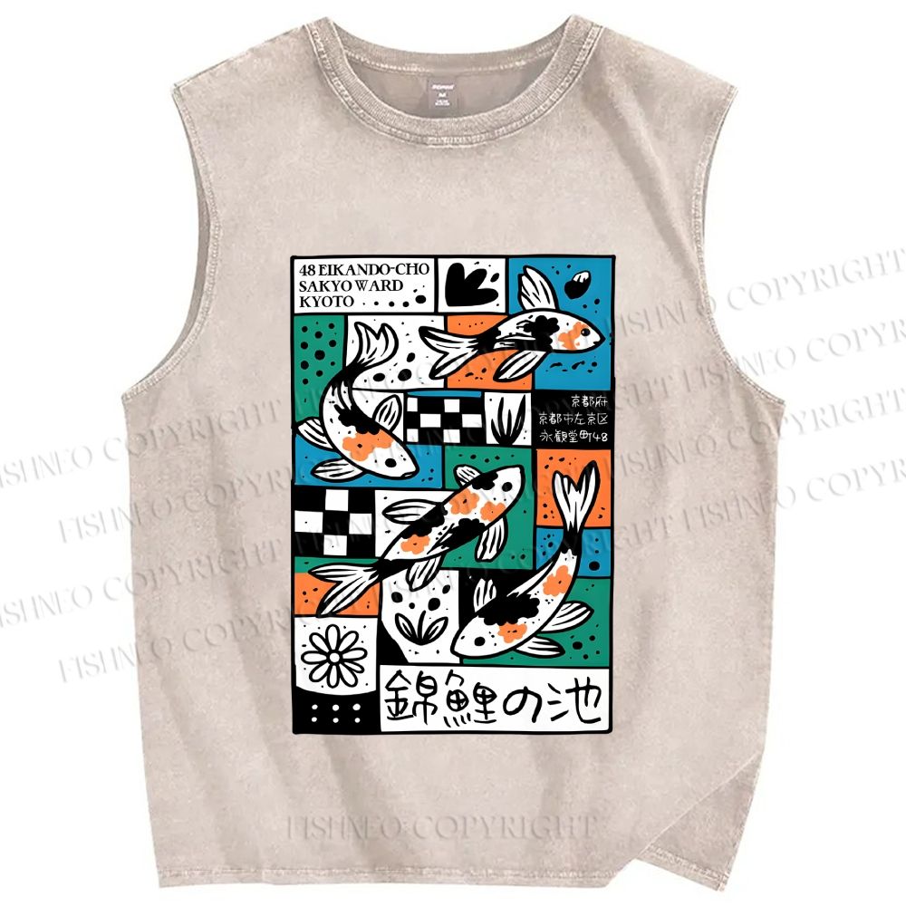 Unisex Koi Pond Mood Printed Washed Tank Top