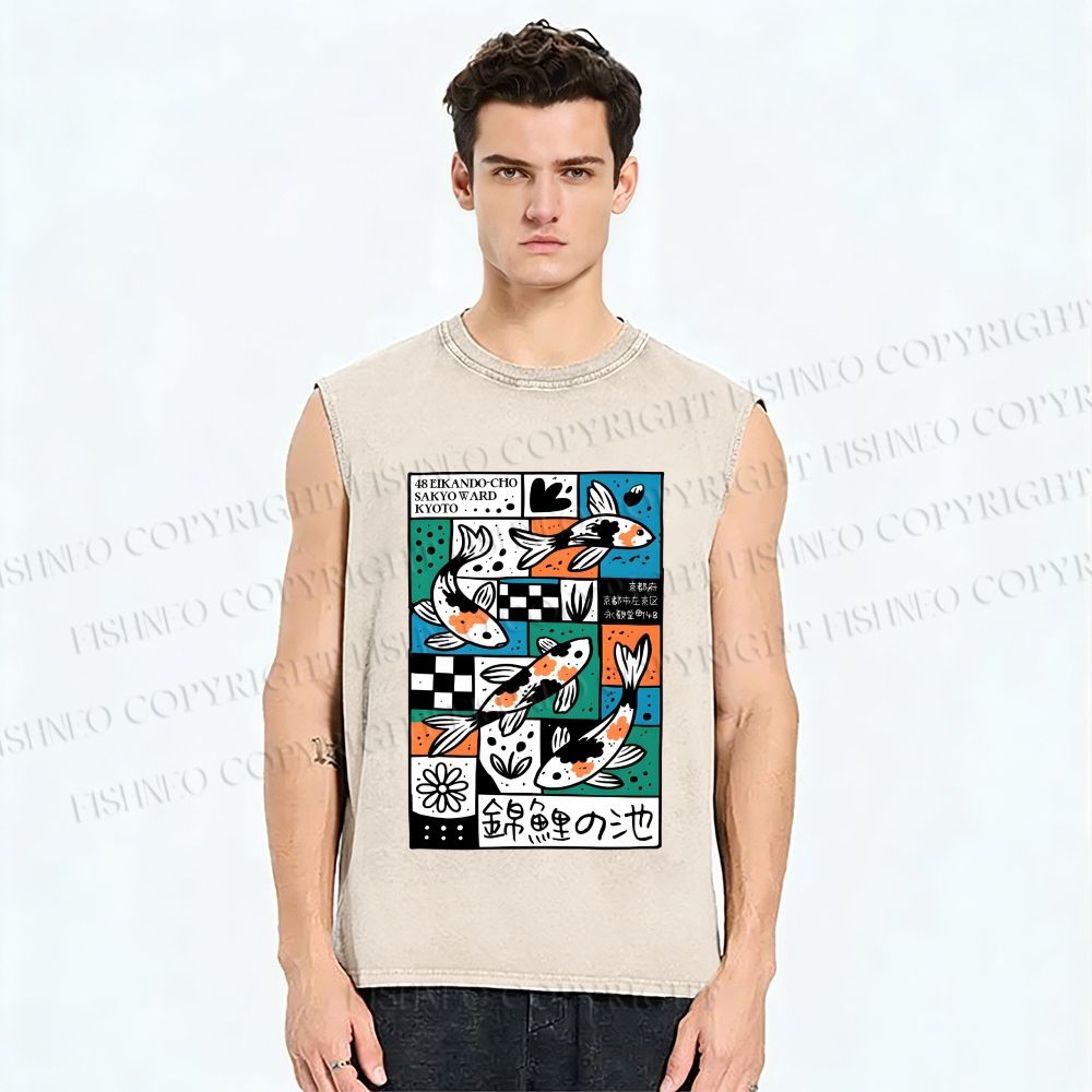 Unisex Koi Pond Mood Printed Washed Tank Top