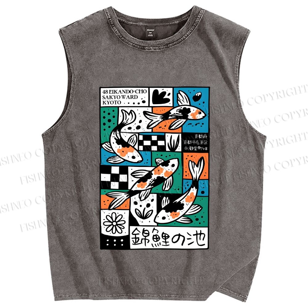 Unisex Koi Pond Mood Printed Washed Tank Top