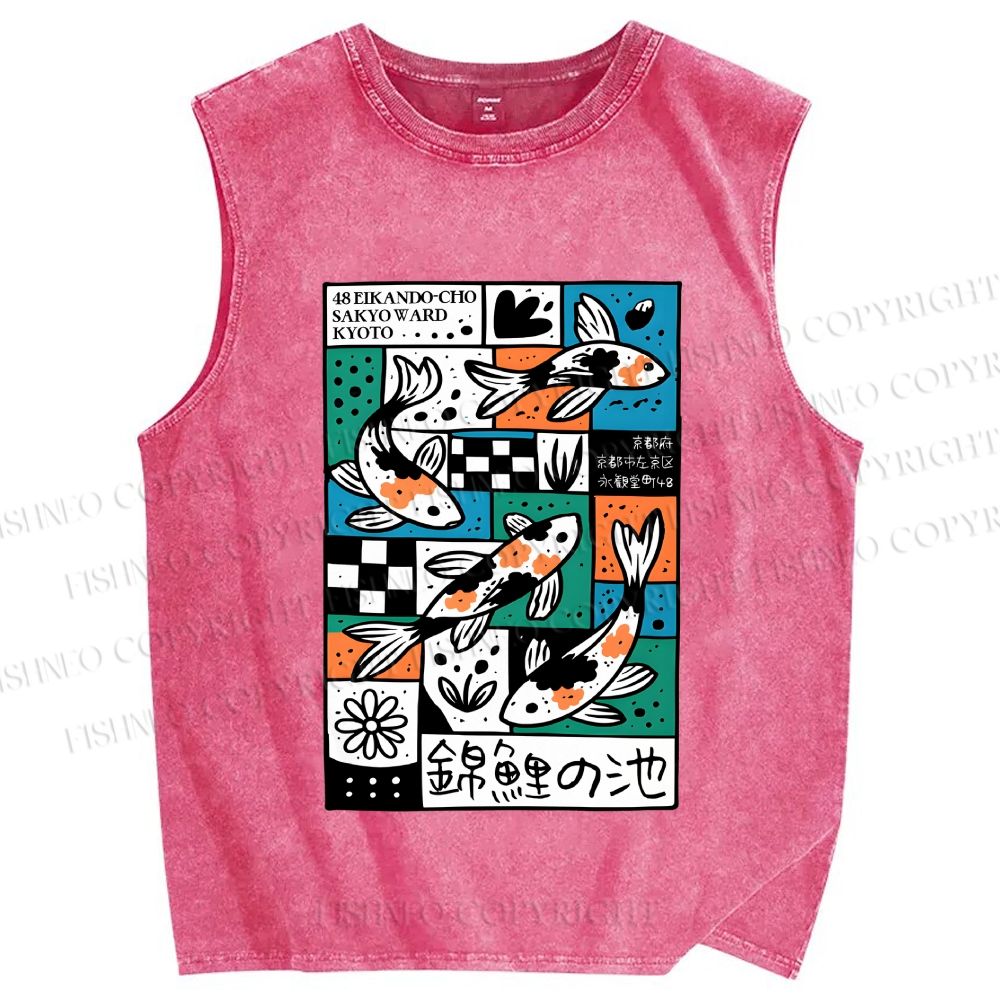 Unisex Koi Pond Mood Printed Washed Tank Top