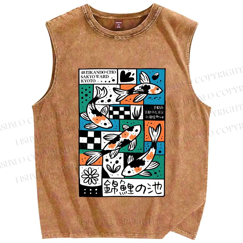 Unisex Koi Pond Mood Printed Washed Tank Top