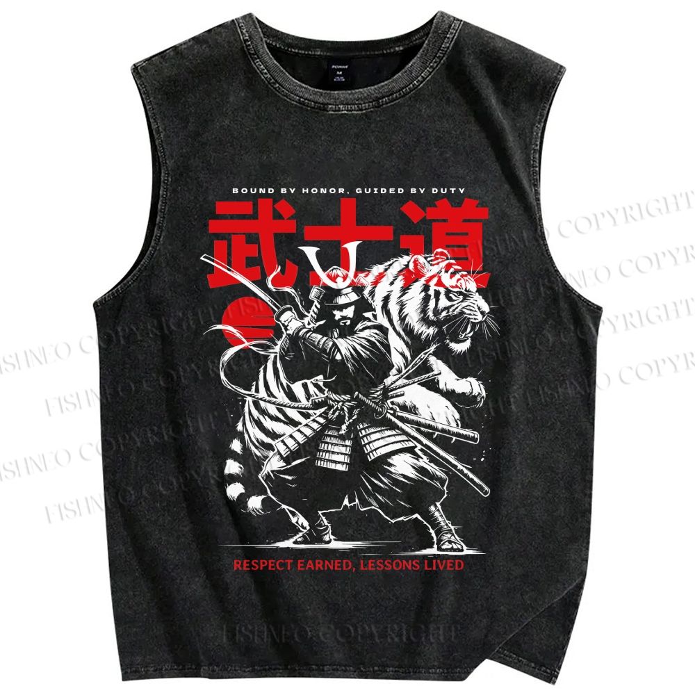 Unisex Samurai Spirit Printed Washed Tank Top