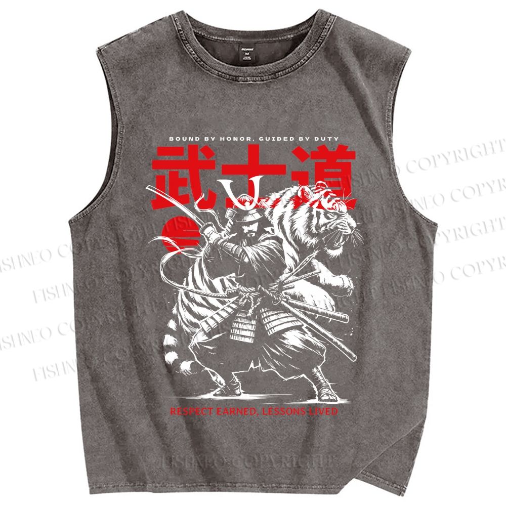 Unisex Samurai Spirit Printed Washed Tank Top