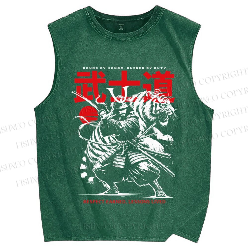 Unisex Samurai Spirit Printed Washed Tank Top