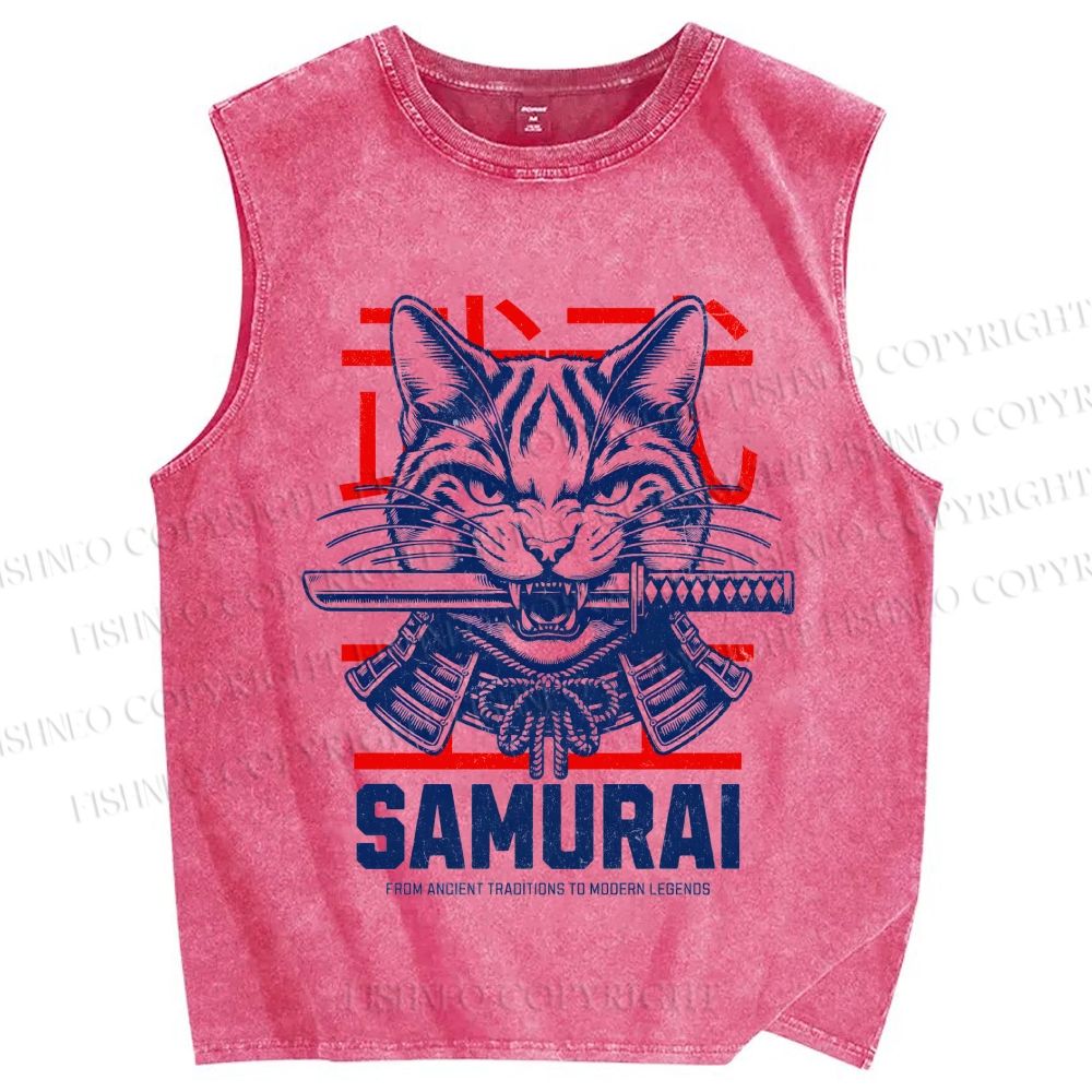 Unisex Samurai Cat Printed Washed Tank Top