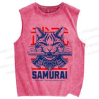 Unisex Samurai Cat Printed Washed Tank Top