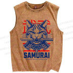Unisex Samurai Cat Printed Washed Tank Top