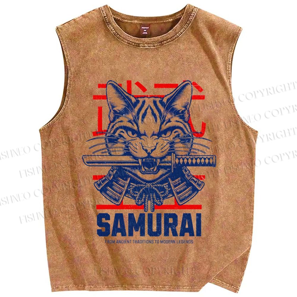 Unisex Samurai Cat Printed Washed Tank Top