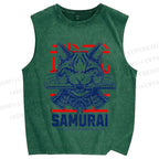 Unisex Samurai Cat Printed Washed Tank Top