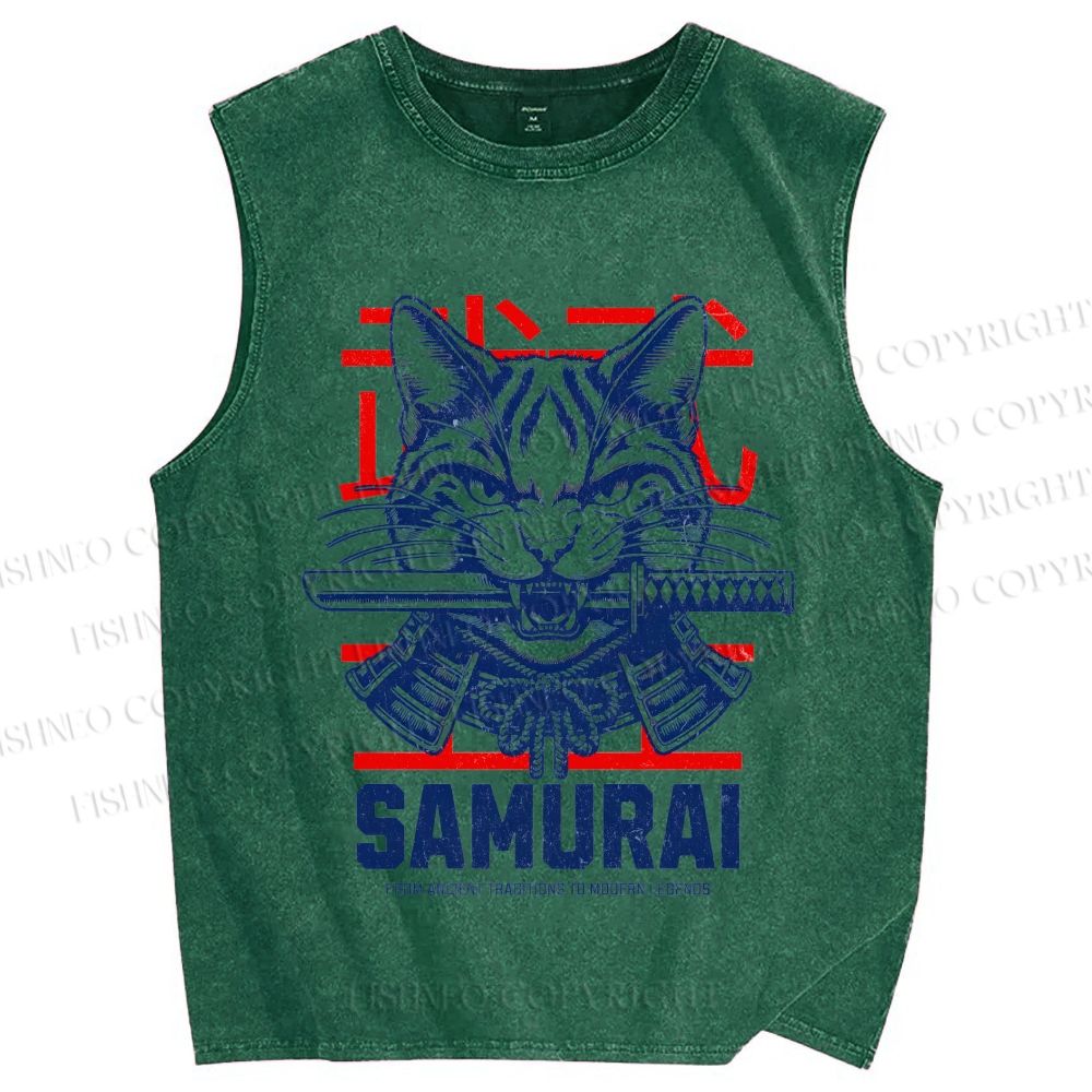 Unisex Samurai Cat Printed Washed Tank Top
