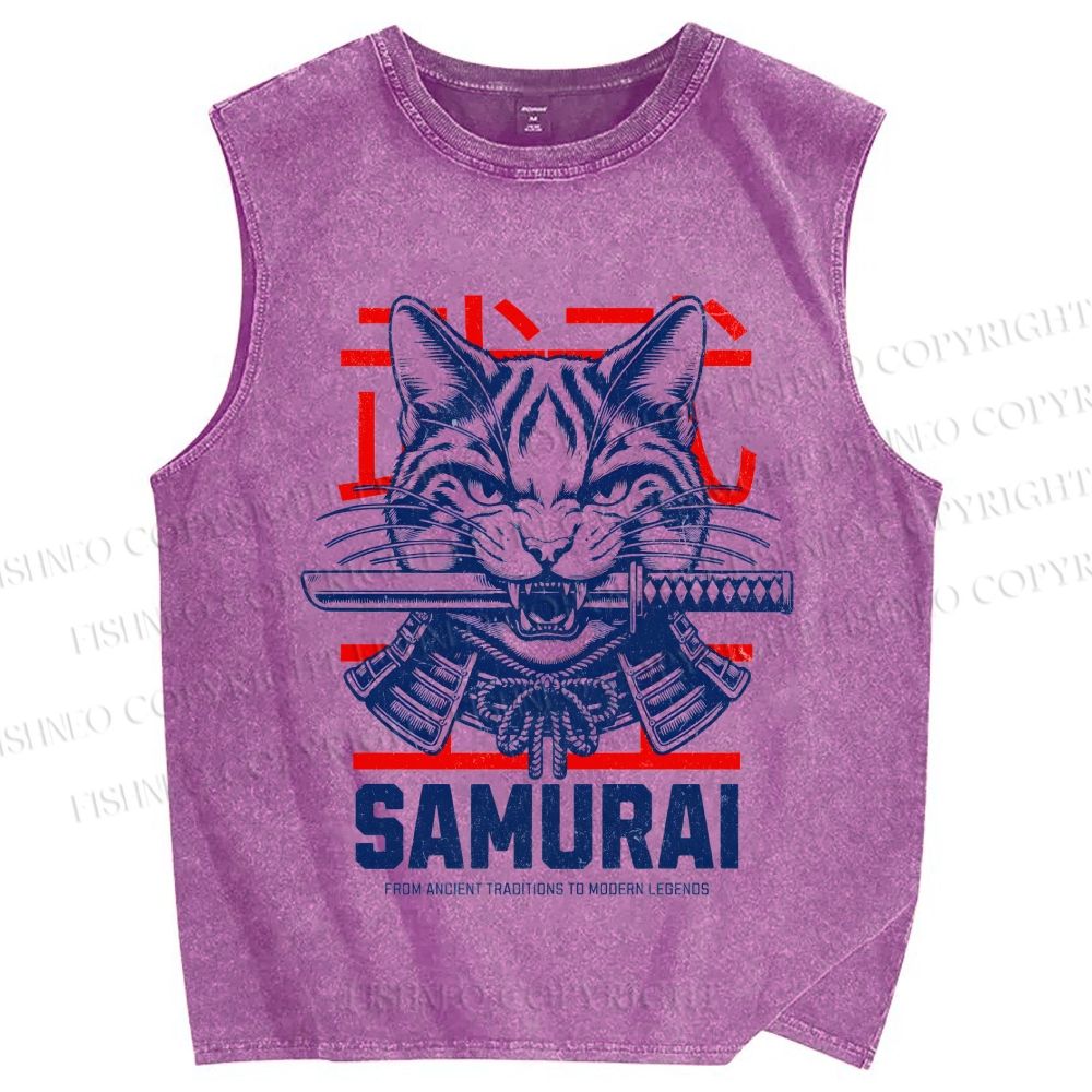 Unisex Samurai Cat Printed Washed Tank Top