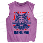Unisex Samurai Cat Printed Washed Tank Top