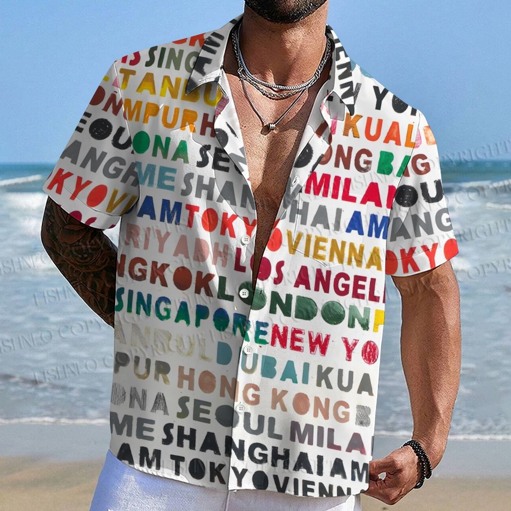 Colorful English-Language Printed Hawaiian Shirt