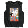 Unisex Huh Cat Meme Ukiyo-e Printed Washed Tank Top