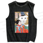 Unisex Huh Cat Meme Ukiyo-e Printed Washed Tank Top