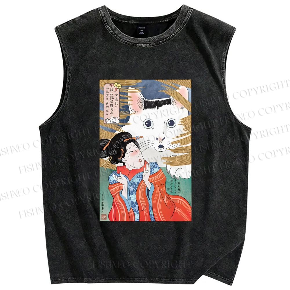 Unisex Huh Cat Meme Ukiyo-e Printed Washed Tank Top