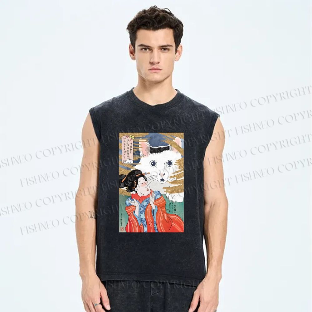 Unisex Huh Cat Meme Ukiyo-e Printed Washed Tank Top