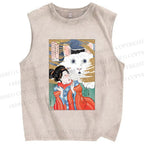Unisex Huh Cat Meme Ukiyo-e Printed Washed Tank Top