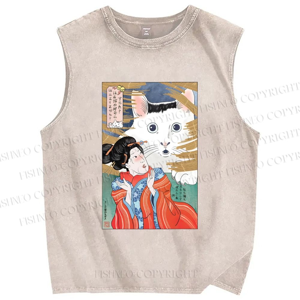 Unisex Huh Cat Meme Ukiyo-e Printed Washed Tank Top