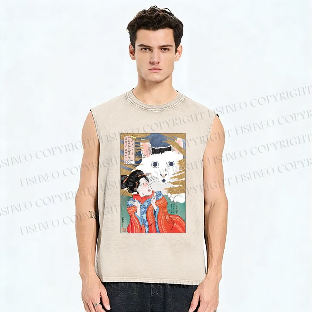 Unisex Huh Cat Meme Ukiyo-e Printed Washed Tank Top