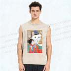 Unisex Huh Cat Meme Ukiyo-e Printed Washed Tank Top