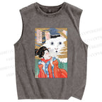 Unisex Huh Cat Meme Ukiyo-e Printed Washed Tank Top