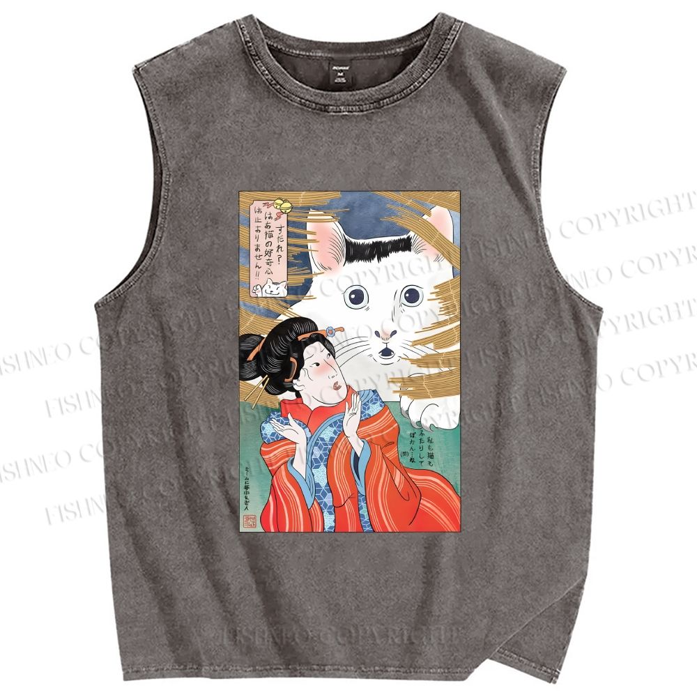 Unisex Huh Cat Meme Ukiyo-e Printed Washed Tank Top