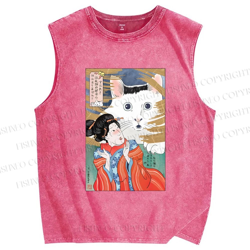 Unisex Huh Cat Meme Ukiyo-e Printed Washed Tank Top