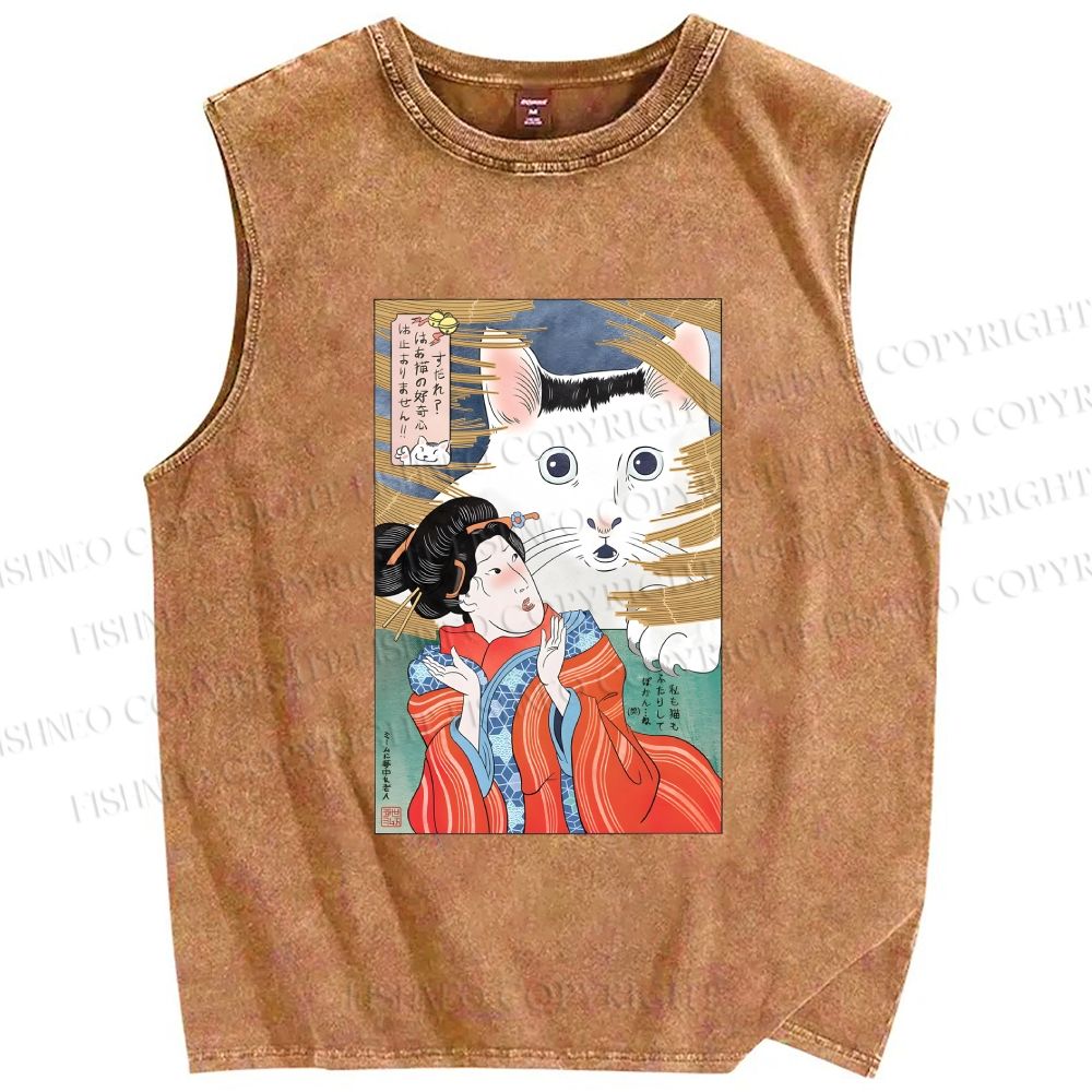 Unisex Huh Cat Meme Ukiyo-e Printed Washed Tank Top