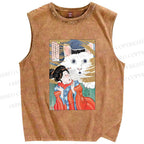 Unisex Huh Cat Meme Ukiyo-e Printed Washed Tank Top