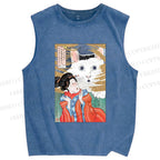 Unisex Huh Cat Meme Ukiyo-e Printed Washed Tank Top