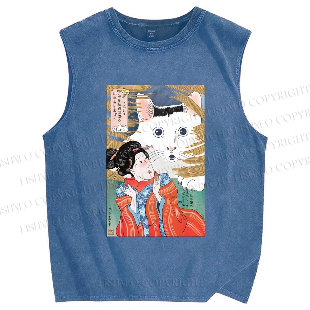 Unisex Huh Cat Meme Ukiyo-e Printed Washed Tank Top