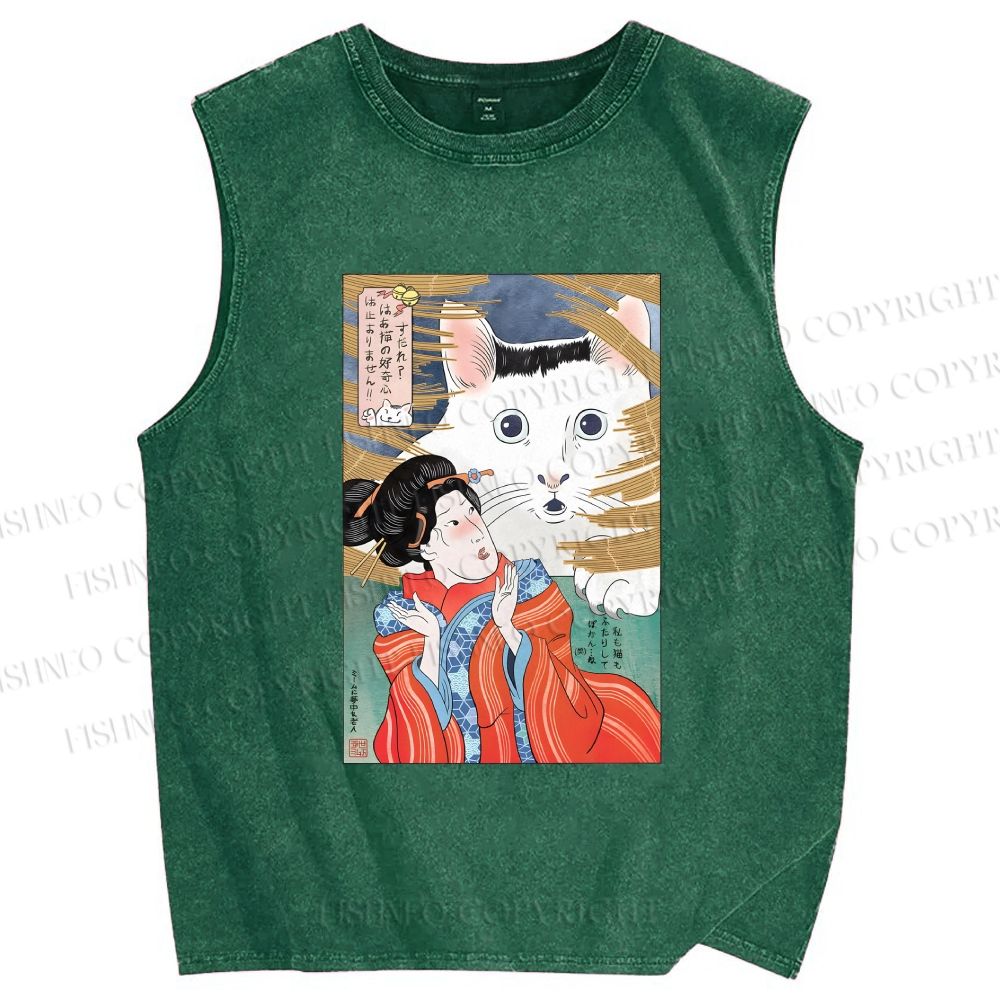 Unisex Huh Cat Meme Ukiyo-e Printed Washed Tank Top