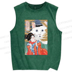 Unisex Huh Cat Meme Ukiyo-e Printed Washed Tank Top