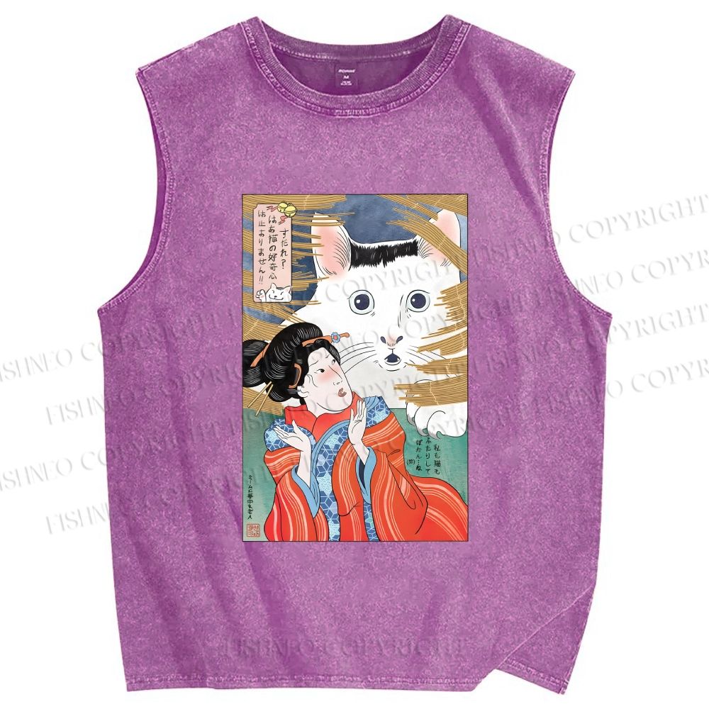 Unisex Huh Cat Meme Ukiyo-e Printed Washed Tank Top