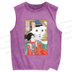 Unisex Huh Cat Meme Ukiyo-e Printed Washed Tank Top