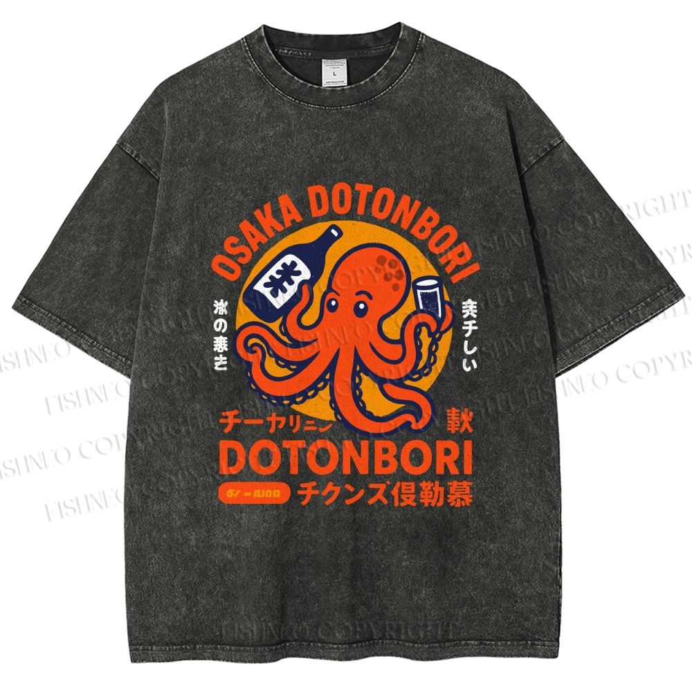 Unisex Osaka Dotonbori Octopus Printed Washed Tee