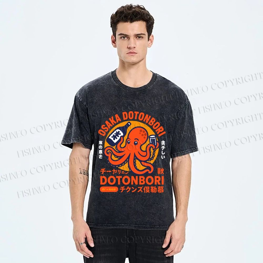 Unisex Osaka Dotonbori Octopus Printed Washed Tee