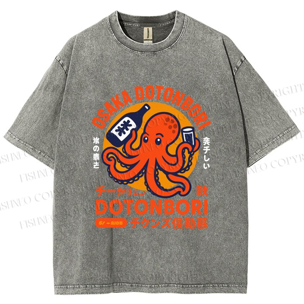 Unisex Osaka Dotonbori Octopus Printed Washed Tee