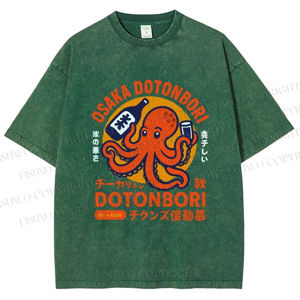 Unisex Osaka Dotonbori Octopus Printed Washed Tee