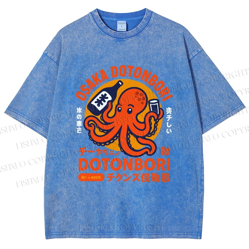 Unisex Osaka Dotonbori Octopus Printed Washed Tee